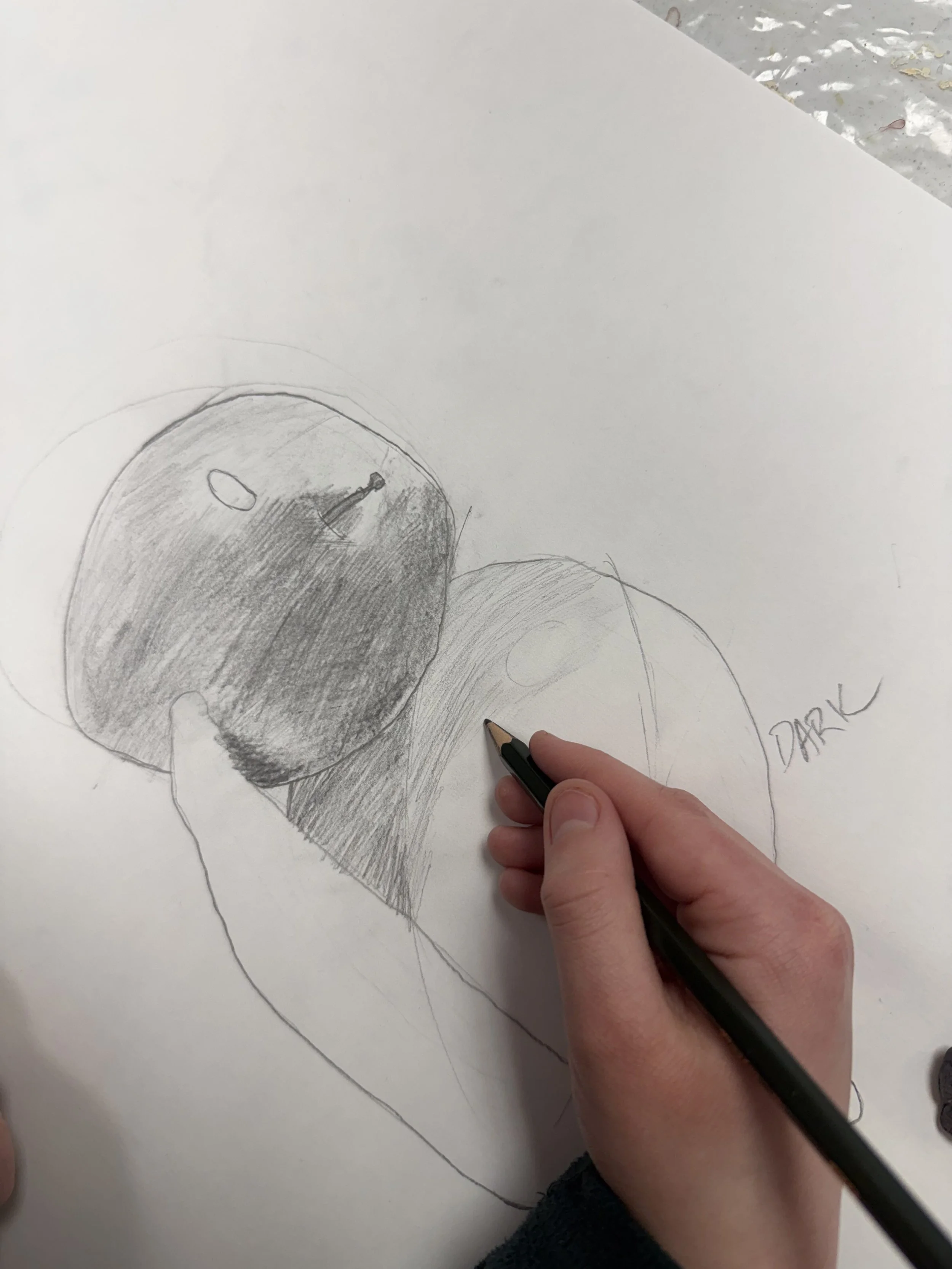 Person sketching two apples on white paper with a pencil, one apple shaded dark labeled 'DARK'.