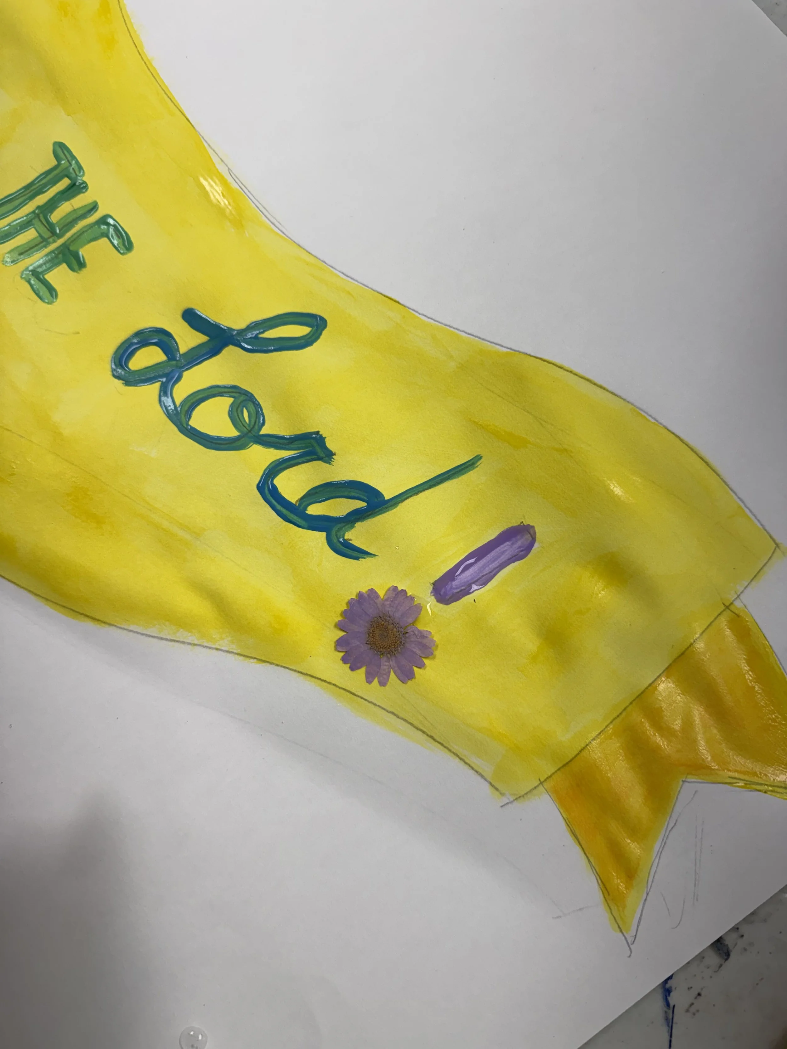 Colorful drawing of a yellow beer bottle with blue script text, a small purple flower, and a purple capsule on a white background.