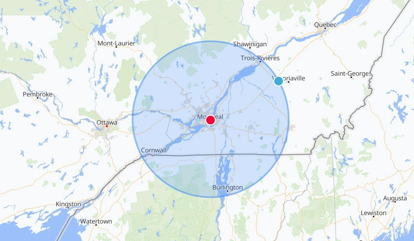 Map showing a location in Montreal, Quebec, with a blue circle around it, and a red dot indicating the city center of Montreal.