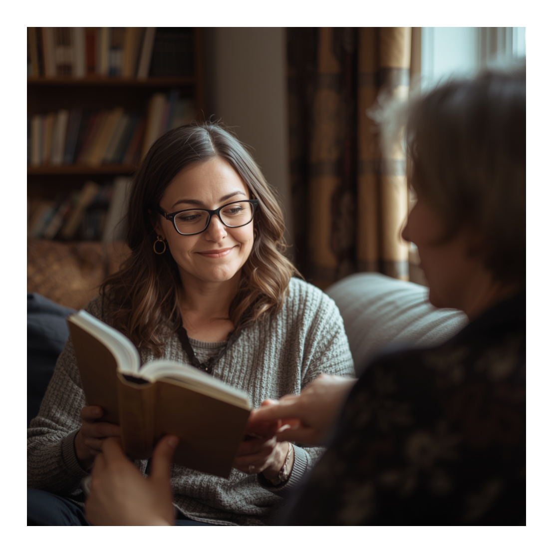 A young woman with glasses and earrings is reading a book to an older woman sitting beside her in a cozy living room with bookshelves and patterned curtains in the background.