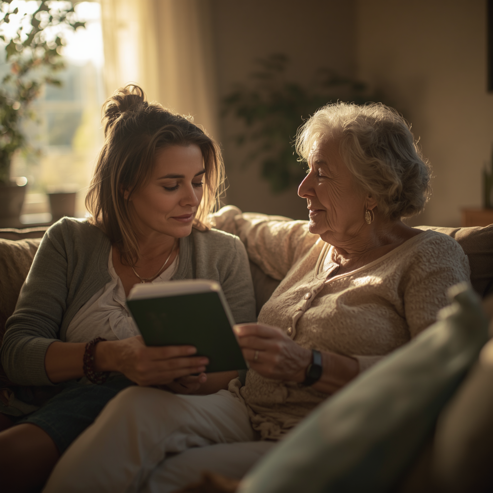 A young woman and elderly woman sitting on a couch, looking at a tablet together in a warmly lit living room.