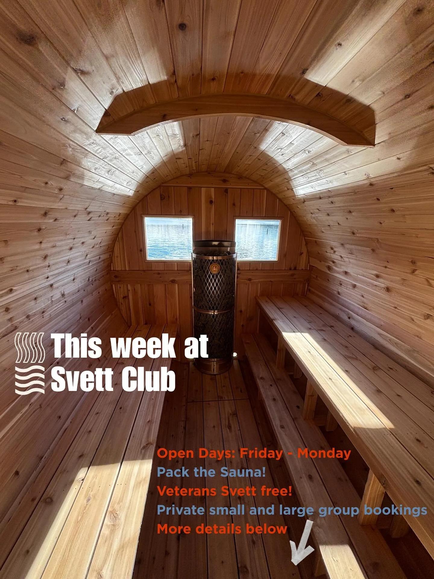 Exciting updates this week!

New private booking options for groups up to 4 people and groups up to 8 people. Book online at www.svettclub.com

In honor of Veterans Day, those who served will get complimentary access to the Svett Club barrel sauna. N