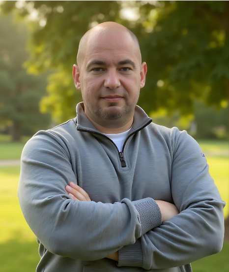 A man with a bald head and light skin, standing outdoors with arms crossed, wearing a gray zip-up jacket, with green trees and grass in the background.