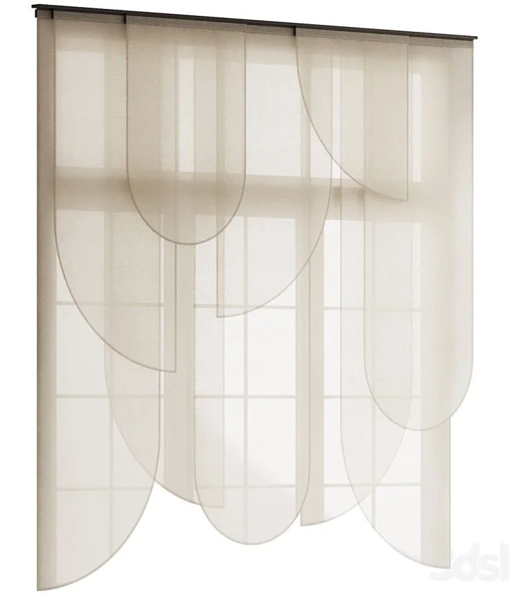 Rideau translucide blanc avec des formes arrondies et des drapés verticaux, suspendu devant une fenêtre.