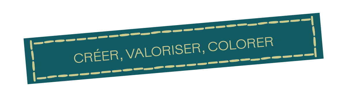 Une bannière rectangulaire bleu foncé avec du texte en français 'CRÉER, VALORISER, COLORER' écrit en lettres majuscules, placé sur un fond noir.