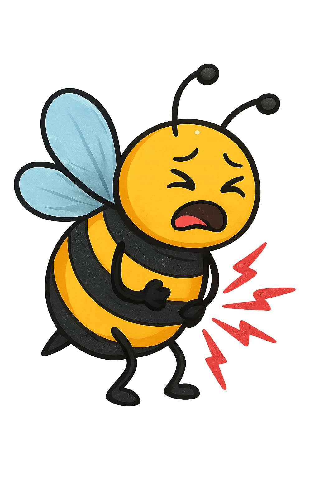 An animated bee with a sad expression, holding its abdomen, standing on a red surface with red lightning effects, with purple and blue lights in the background.