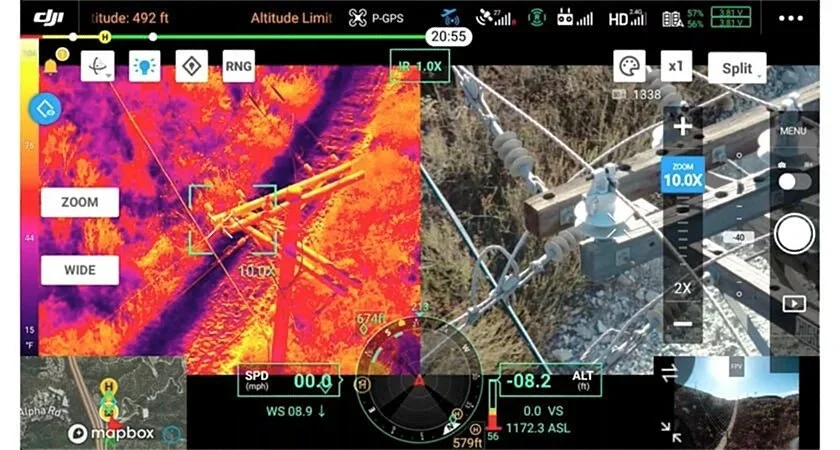 Thermal and visual view from a drone during flight. The left side shows a thermal image of what appears to be electrical equipment or power lines with various colors indicating temperature differences. The right side displays a standard camera view of a substation or electrical infrastructure outdoors. Flight data, altitude, speed, and camera zoom settings are also visible on the screen.
