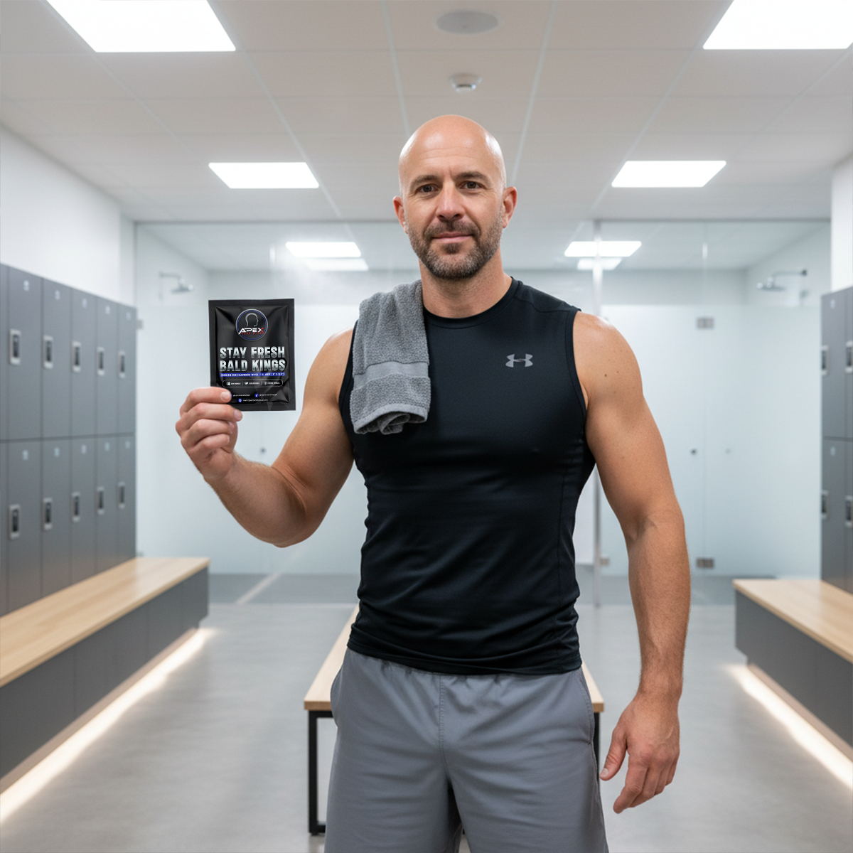 A man in athletic clothing standing in a locker room holding a packet of supplements that reads "Stay Fresh Bald Kings."