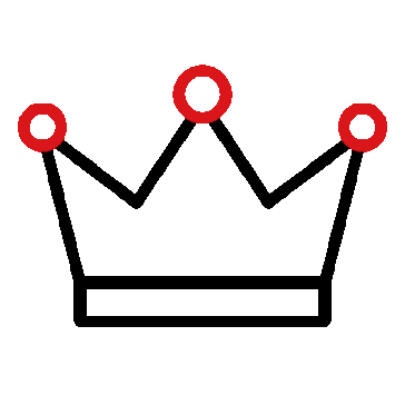 A simple black crown icon with red circular accents on a dark red background.