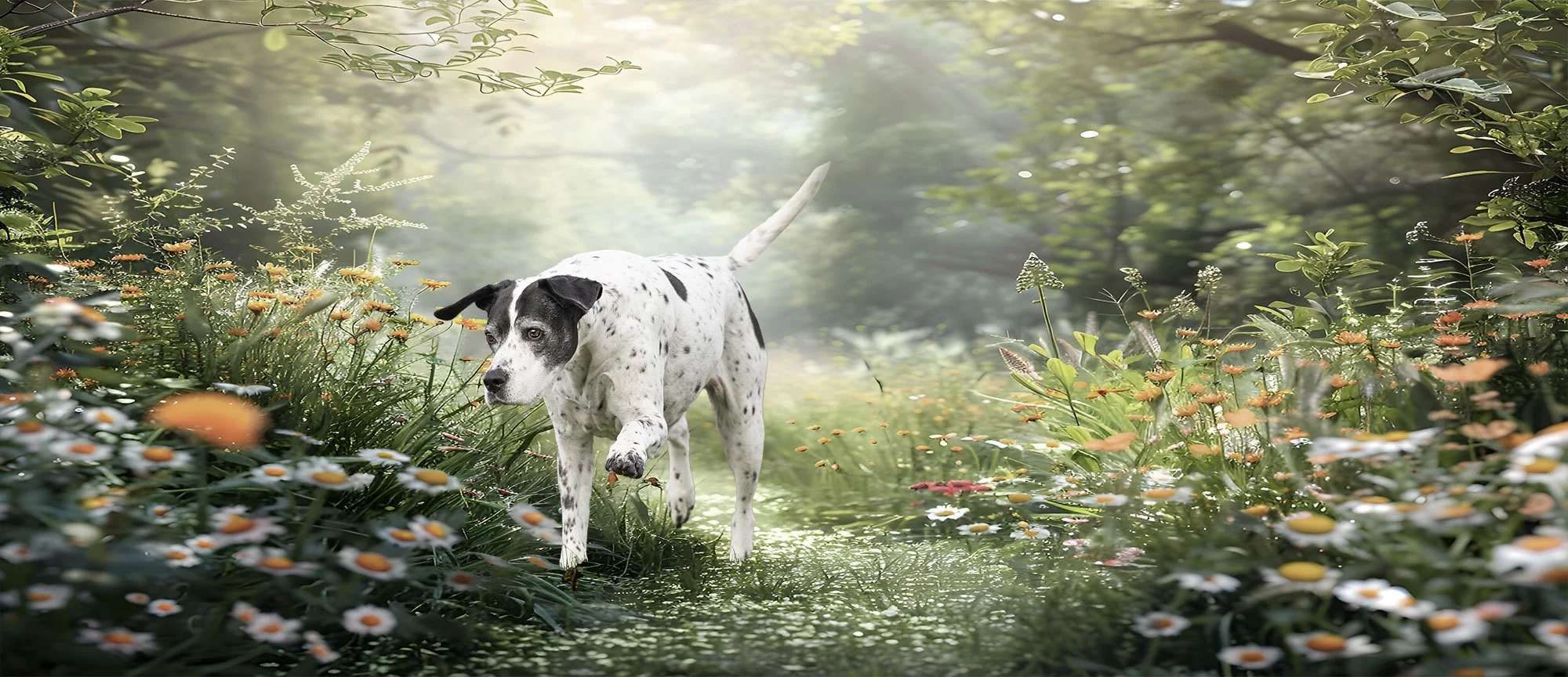 English Pointer running through wildflowers