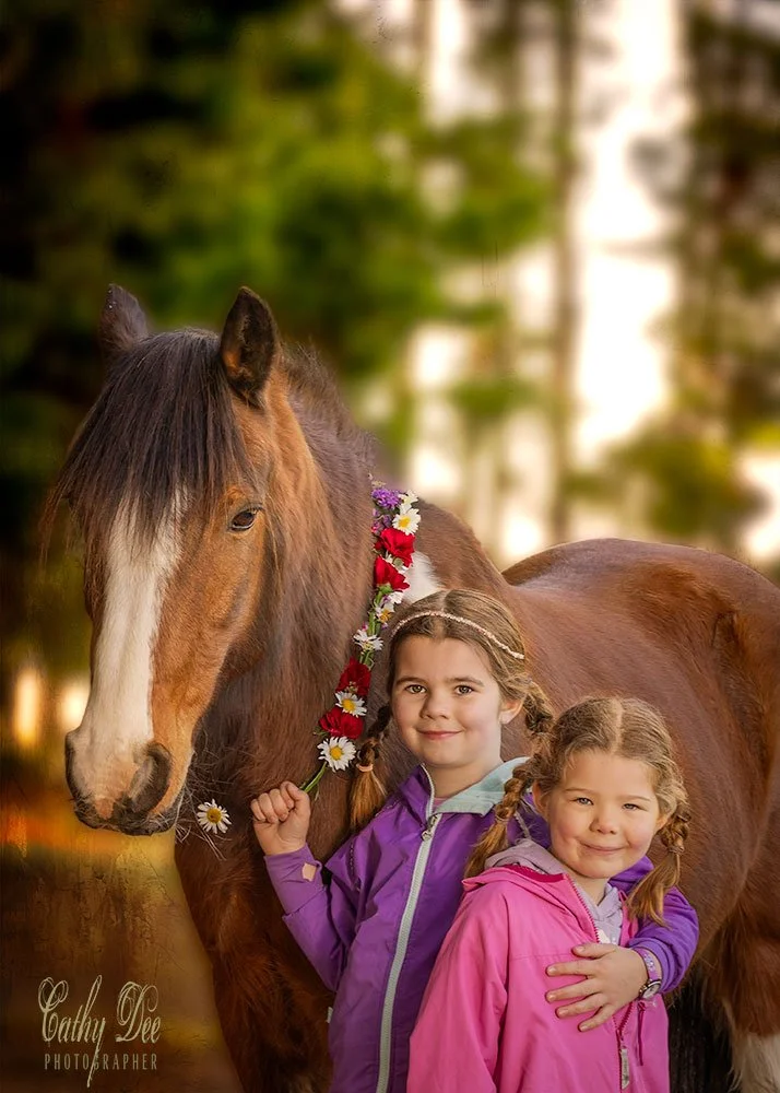 two girls with pony