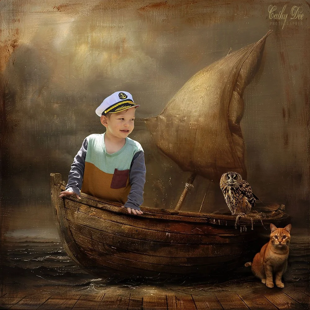 Boy in boat with owl and a pussycat