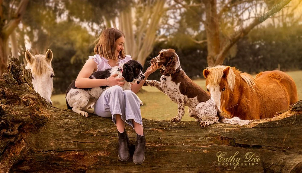 Girl with two horses and two dogs