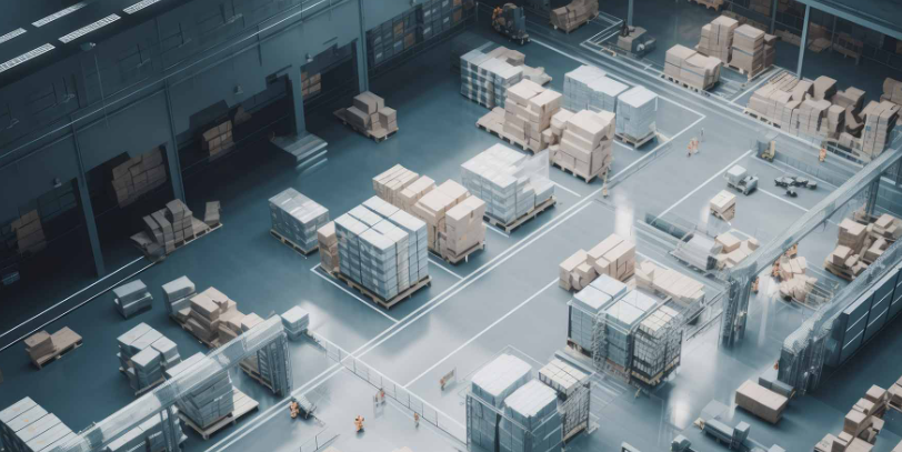 A large warehouse with numerous stacks of boxes and pallets, worker forklifts, and shelving units.