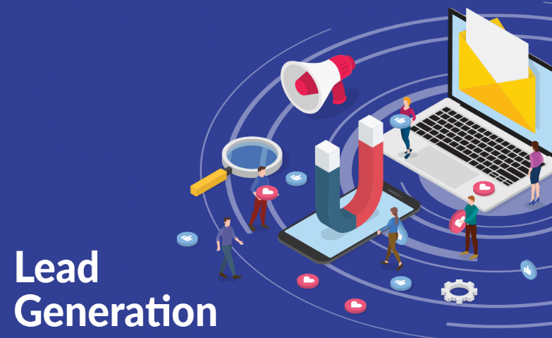 Illustration of people interacting with social media icons, a magnifying glass, a megaphone, and growth arrows emerging from a smartphone and a laptop, representing lead generation.