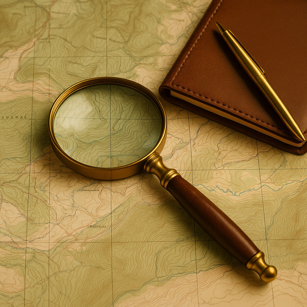 A vintage map with a magnifying glass, a brown notebook, and a gold pen resting on it.