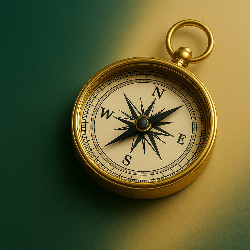A gold pocket watch with a white face displaying a compass rose, laying on a surface with green on the left and beige on the right.