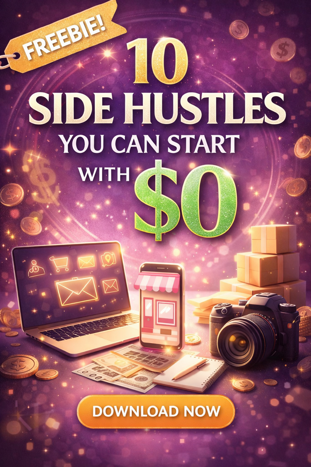 Promotion image advertising ten side hustles that can start with fifty dollars, featuring digital devices, cash, and camera, with a purple and gold theme and the text 'Freebie! 10 Side Hustles You Can Start with $0', and a 'Download Now' button.