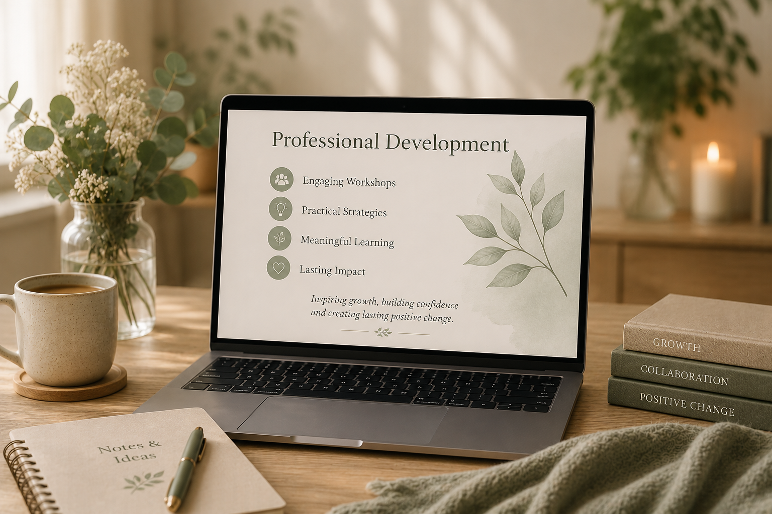 A laptop on a wooden desk displaying a presentation titled 'Professional Development' with bullet points about engaging workshops, practical strategies, meaningful learning, and lasting impact. The desk also has a cup of coffee, a notebook labeled 'Notes & Ideas', a pen, three books labeled 'Growth', 'Collaboration', and 'Positive Change', and a vase with white flowers. In the background, there is a candle, a green plant, and warm natural lighting.