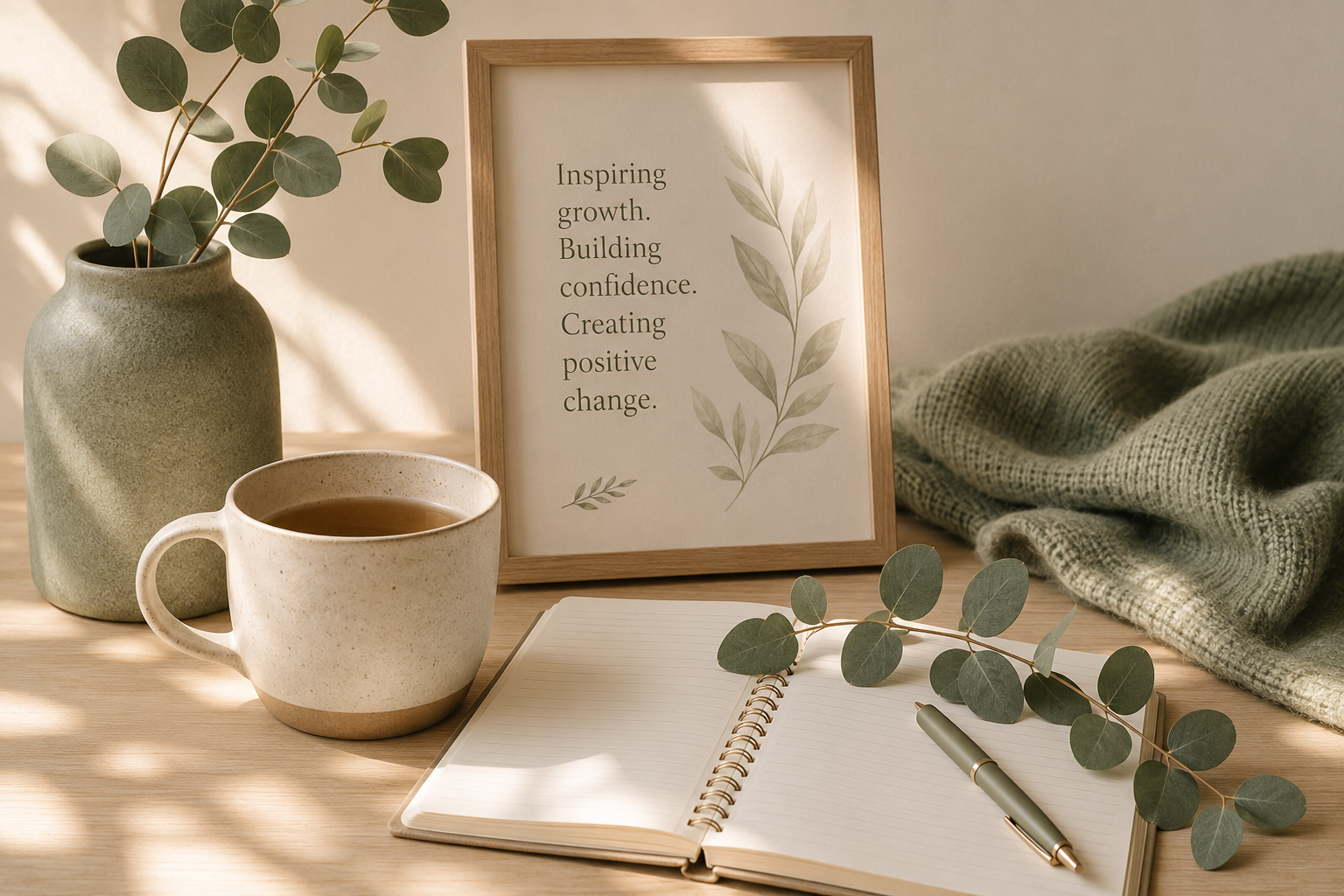 Decorative workspace with a ceramic mug of tea, a potted eucalyptus plant, framed inspirational quote about growth and confidence, an open lined notebook with eucalyptus branch and a pen, soft green blanket on a wooden surface.