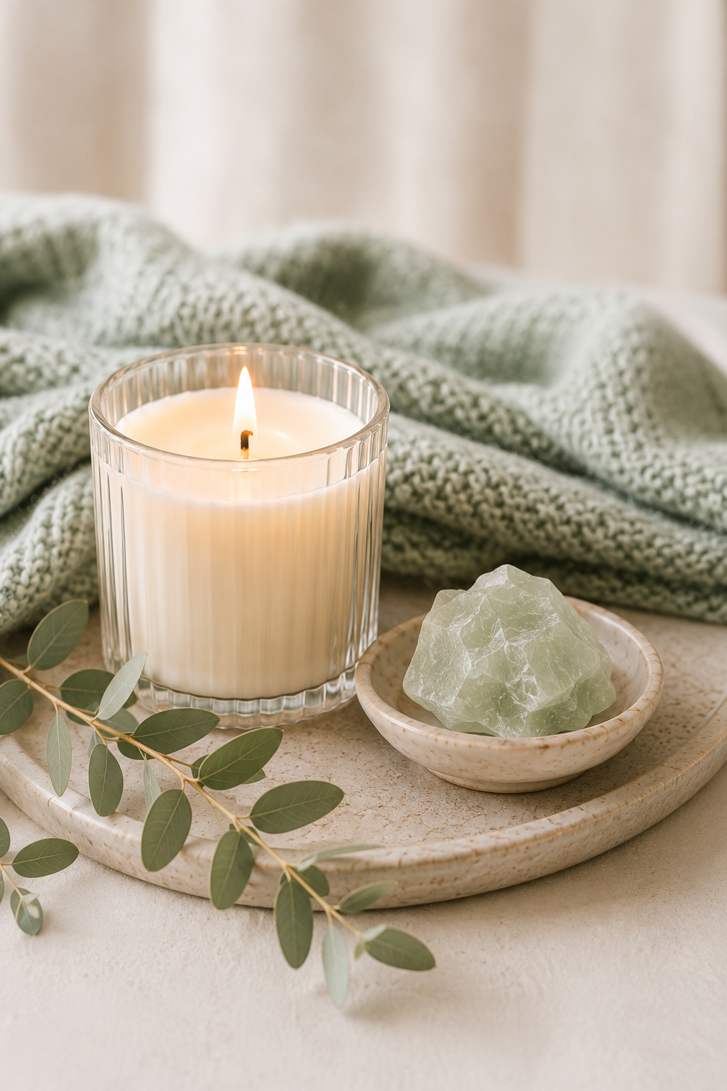 A lit white candle in a clear ribbed glass holder, a green gemstone on white ceramic dish, green leafy branch, and a light green knit blanket on a beige surface with a white background.