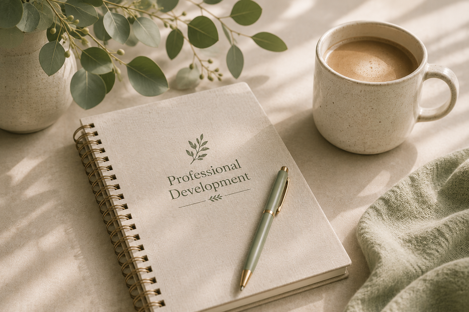 A notebook titled "Professional Development" with a green pen on top, a cup of coffee, and a potted plant on a beige table with natural sunlight.