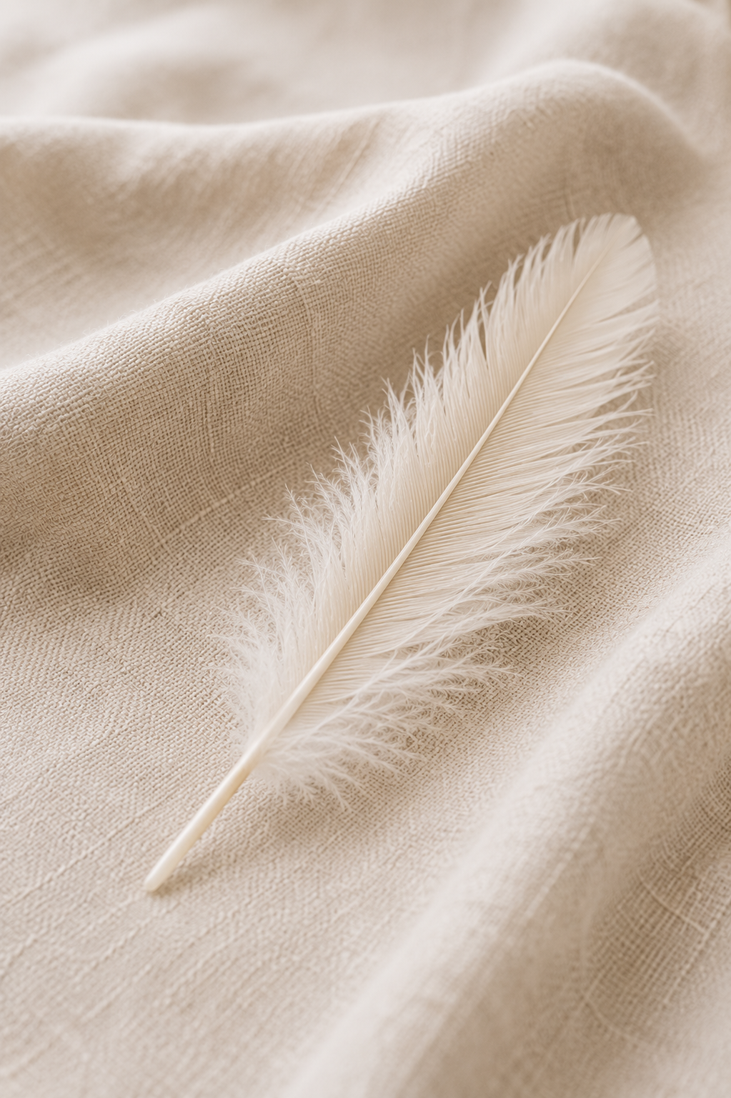 Cream-colored feather placed on beige textured fabric.
