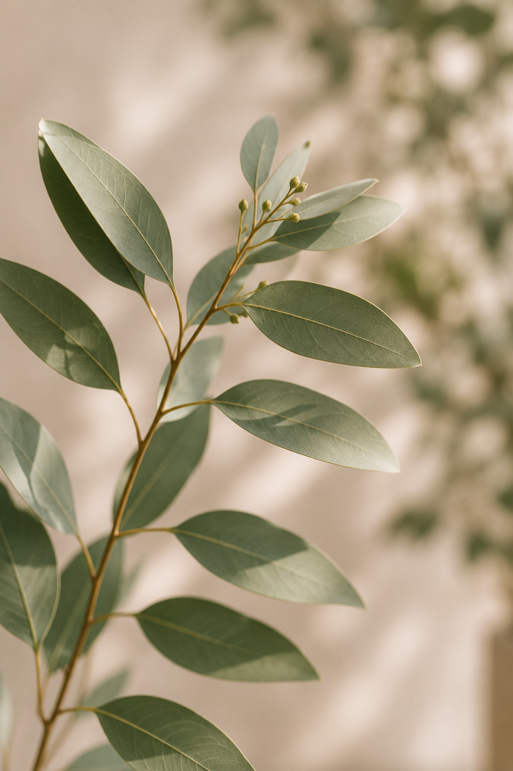Close-up of a branch with green elongated leaves and small flower buds, with a blurred background.