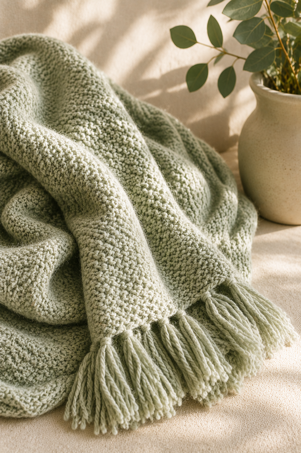 Close-up of a soft, chunky knitted blanket with tassels, draped on a surface next to a potted plant with green leaves.