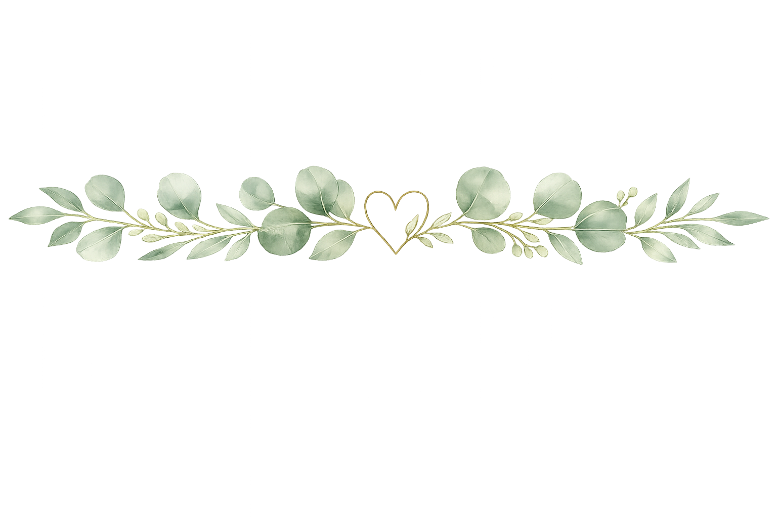 A decorative arrangement of green eucalyptus leaves and sprigs with a gold heart-shaped outline at the center, set on a reflective surface.
