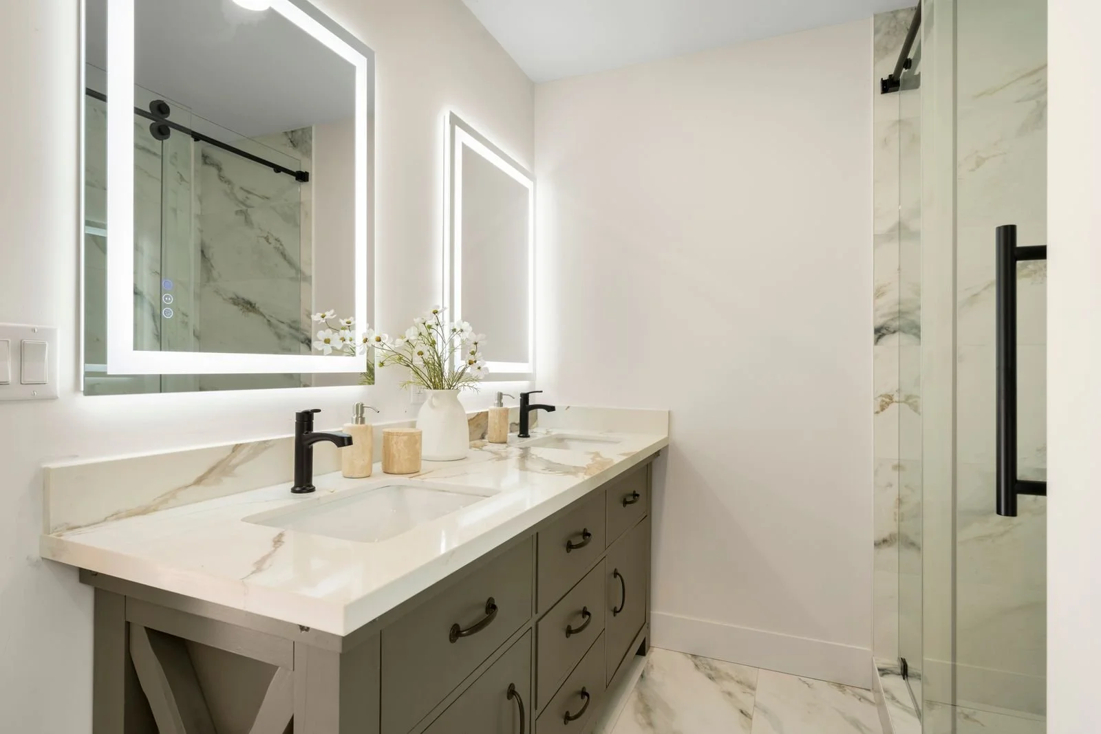 master bathroom with double sink and huge shower