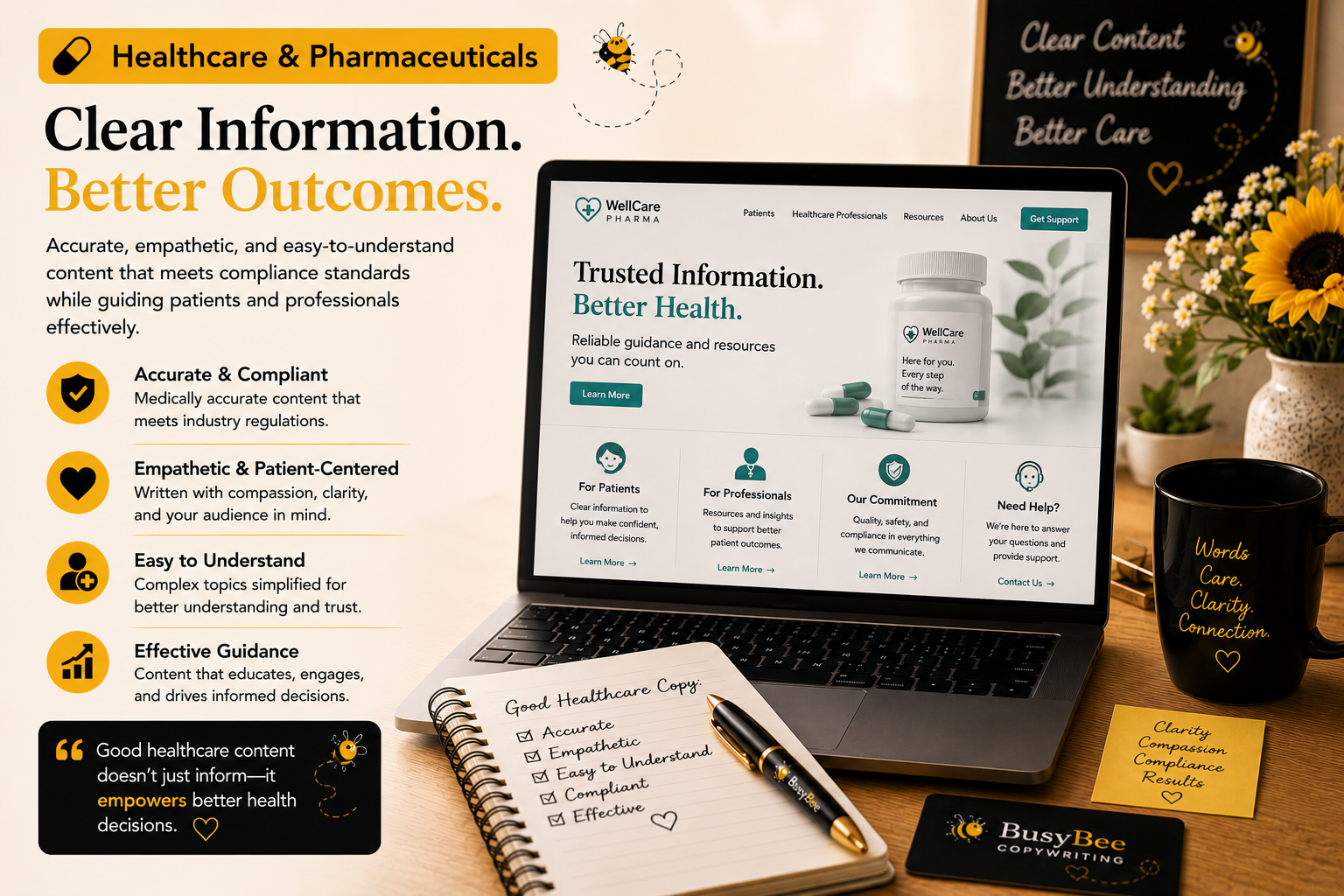 💊 Healthcare & Pharmaceuticals
Accurate, empathetic, and easy-to-understand content that meets compliance standards while guiding patients and professionals effectively.
