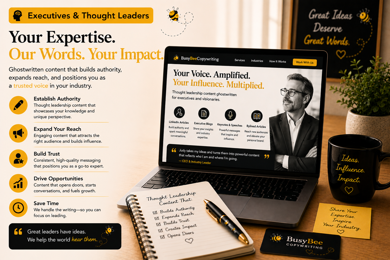 🧠 Executives & Thought Leaders
Ghostwritten content that builds authority, expands reach, and positions you as a trusted voice in your industry.
