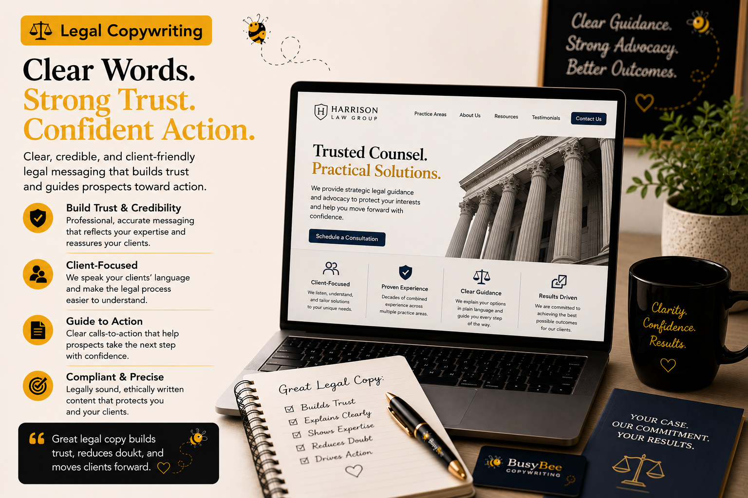 ⚖️ Legal Copywriting
Clear, credible, and client-friendly legal messaging that builds trust and guides prospects toward action.
