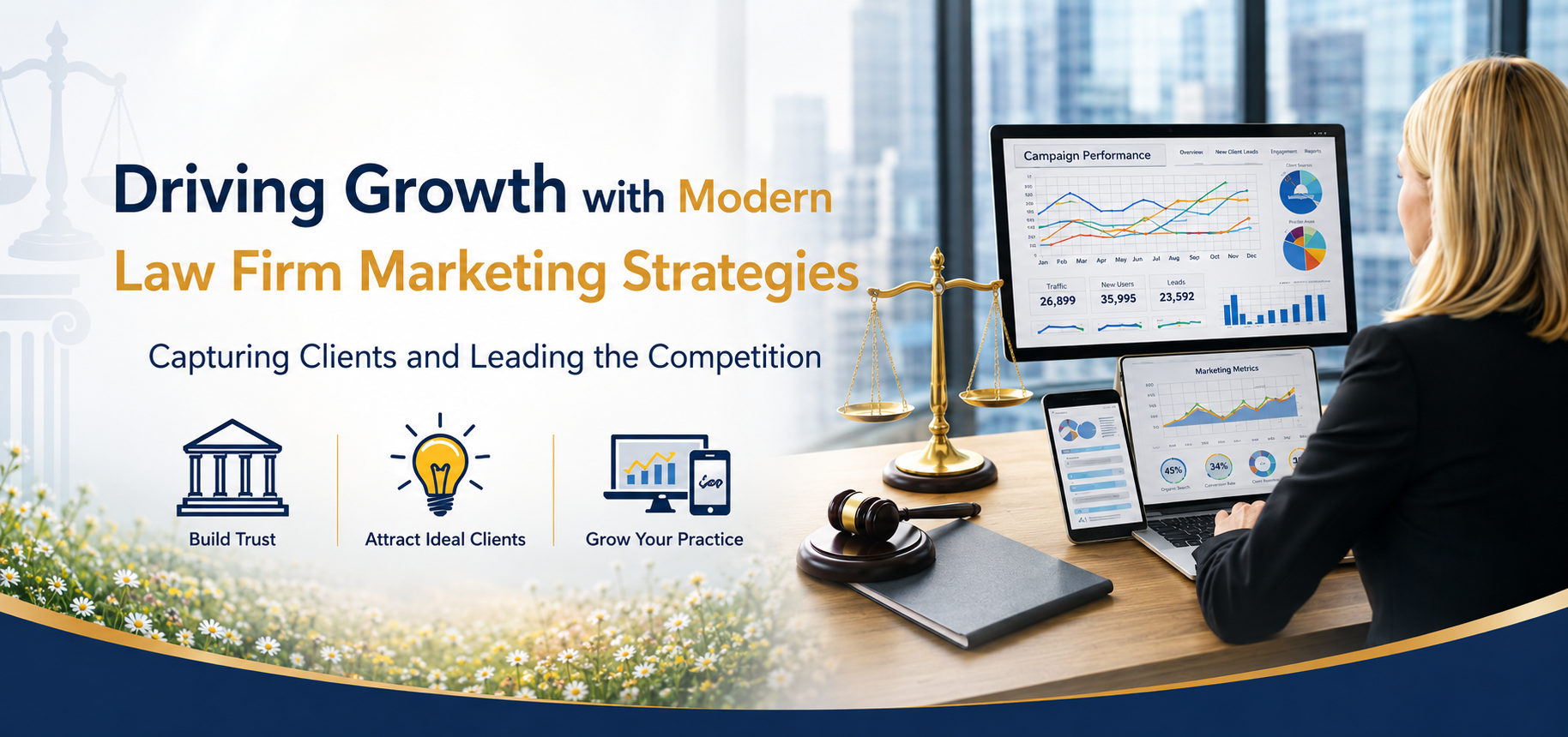 Legal marketing and website strategy graphic representing law firm branding, SEO copywriting, client growth, and strategic digital marketing services.