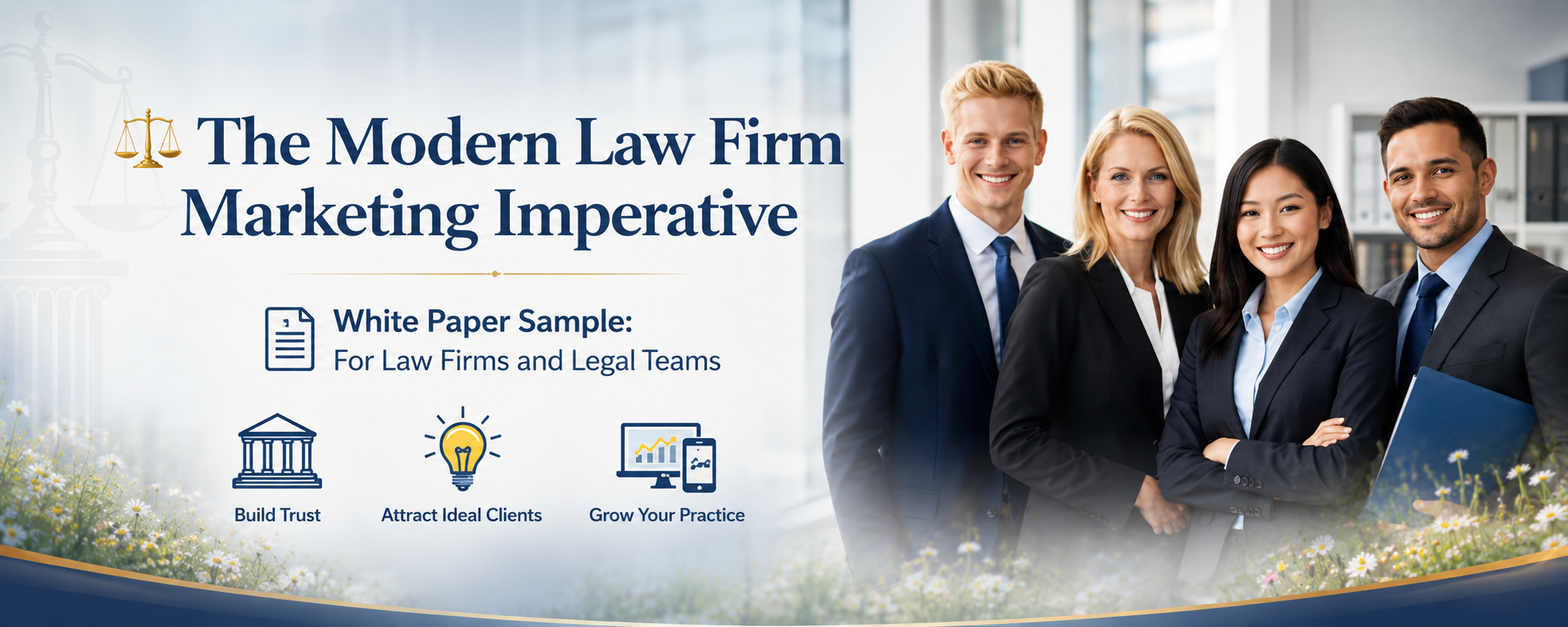 Law firm marketing and white paper branding graphic representing legal copywriting, strategic content marketing, client trust, and business growth services.