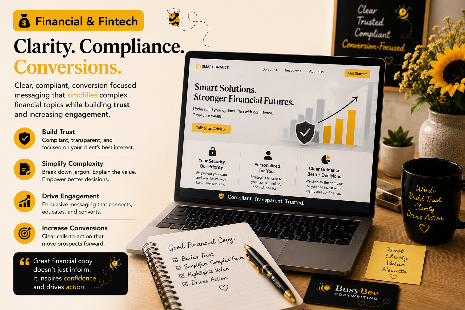 💰 Financial & Fintech
Clear, compliant, conversion-focused messaging that simplifies complex financial topics while building trust and increasing engagement.
