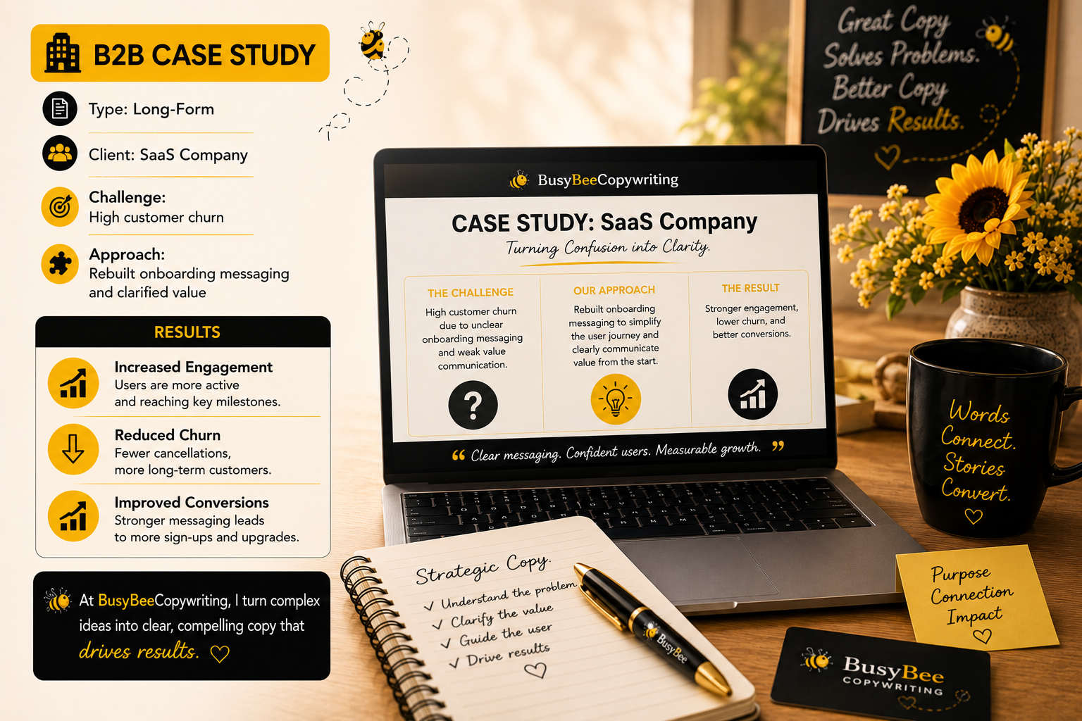 🏢 B2B Case Study
Type: Long-Form
Client: SaaS Company
 Challenge: High customer churn
 Approach: Rebuilt onboarding messaging and clarified value
 Result:
Increased engagement
Reduced churn
Improved conversions
