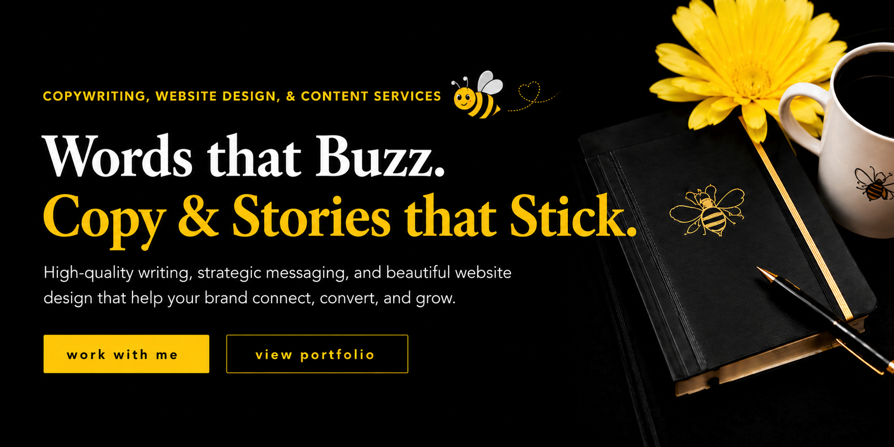 BusyBeeCopywriting servicing banner featuring black and yellow branding, professional website design, copywriting services, business storytelling, and strategic digital marketing visuals.
