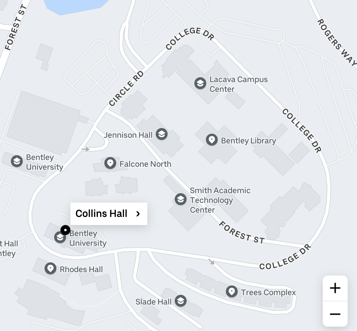 Map of Bentley University campus showing buildings and roads, including Collins Hall, William Bentley University, Rhodes Hall, Slade Hall, Falcon North, Jennings Hall, Bentley Library, and others.