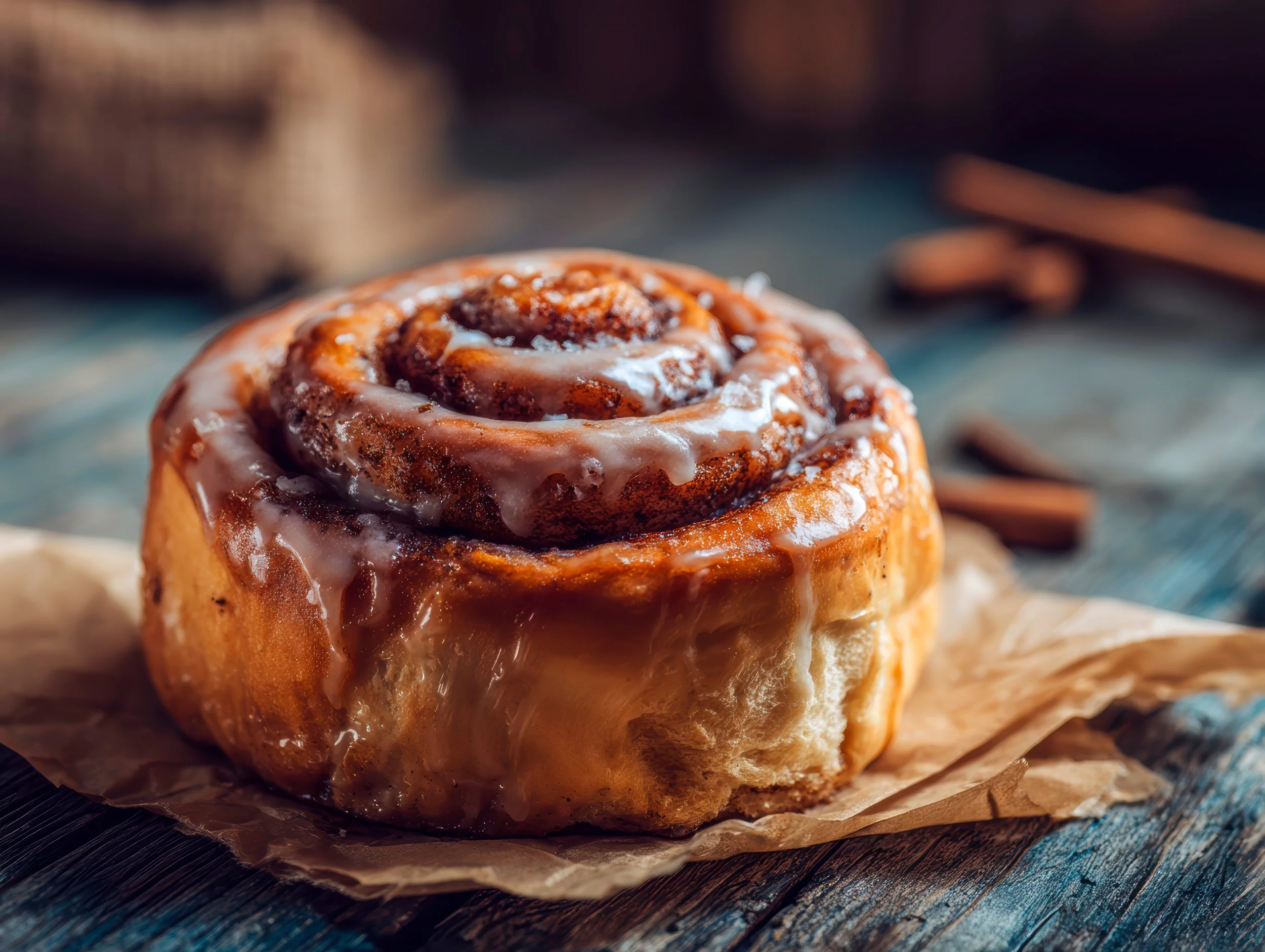 A plate of assorted cinnamon rolls topped with icing, with a spoon pouring icing over a cinnamon roll against a dark background.