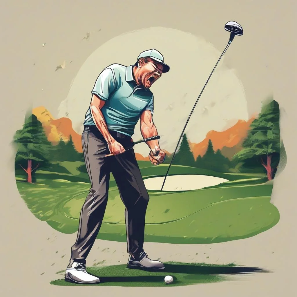 A cartoon man in a golf course, looking frustrated, holding a golf club and standing near a golf ball, with a putting green and trees in the background.