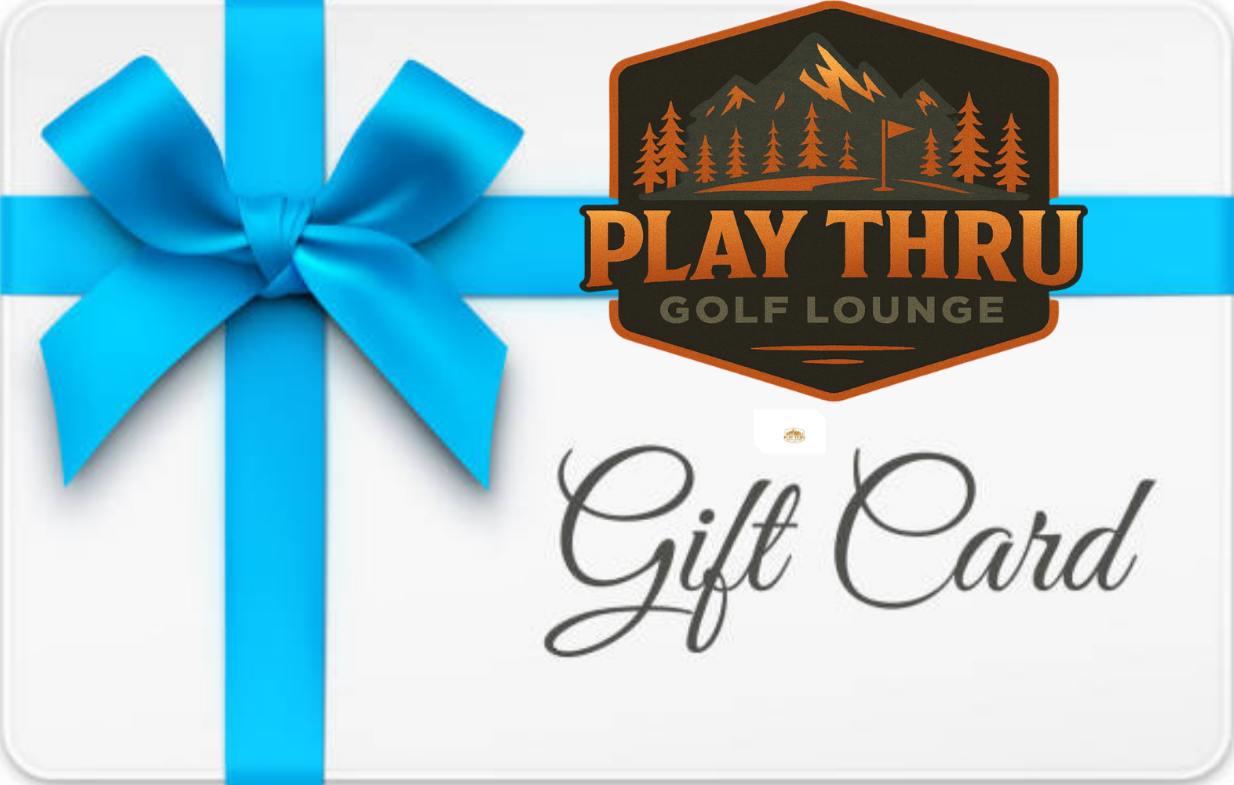 Gift card for Play Thru Golf Lounge with a blue ribbon and bow, featuring a logo with mountains, trees, and a flag.