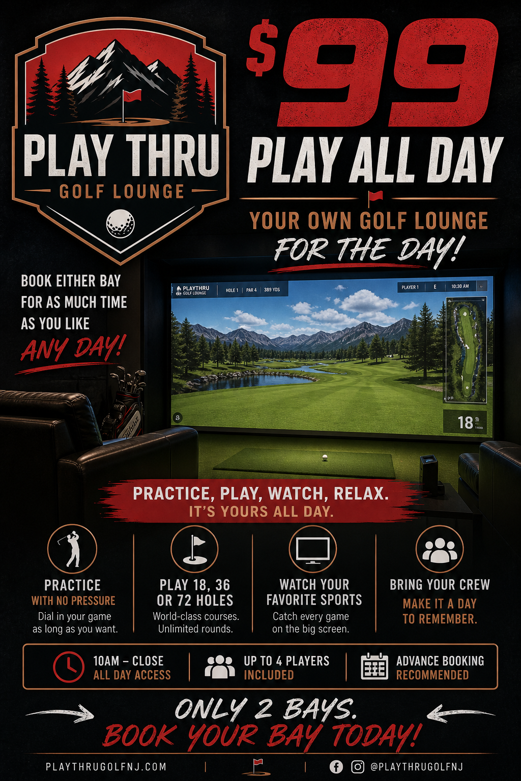 Advertisement for Play Thru Golf Lounge offering unlimited golf for $99, open all day, with practice, gameplay, sports viewing, and crew gathering options. Features digital golf game screen, golf equipment, and promotional text.