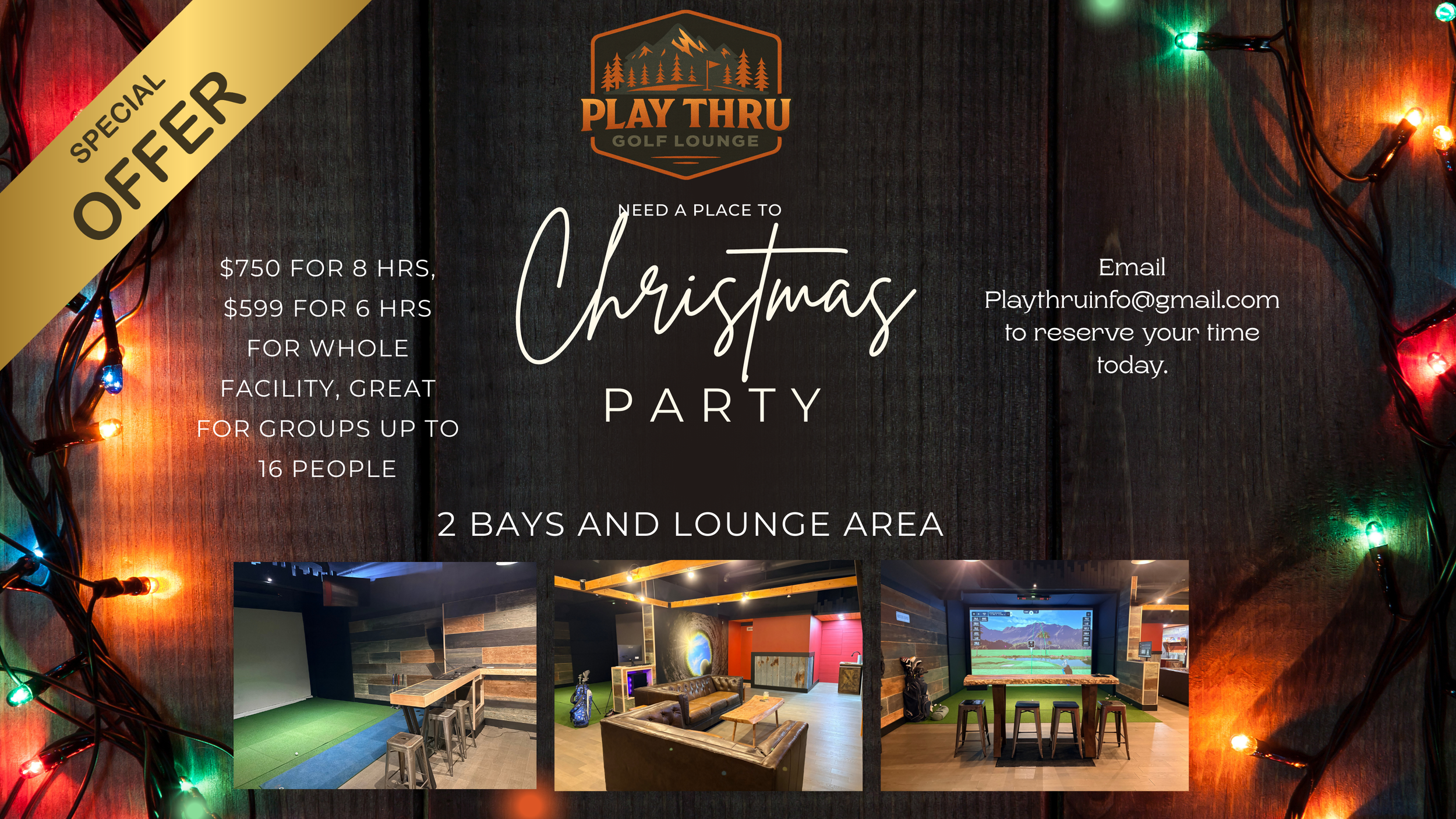 Flyer for Play Thru Golf Lounge Christmas Party featuring festive lights, information about the venue's rental options, a contact email, and three images of the lounge including a golf simulation area, a lounge with seating, and a themed game area.