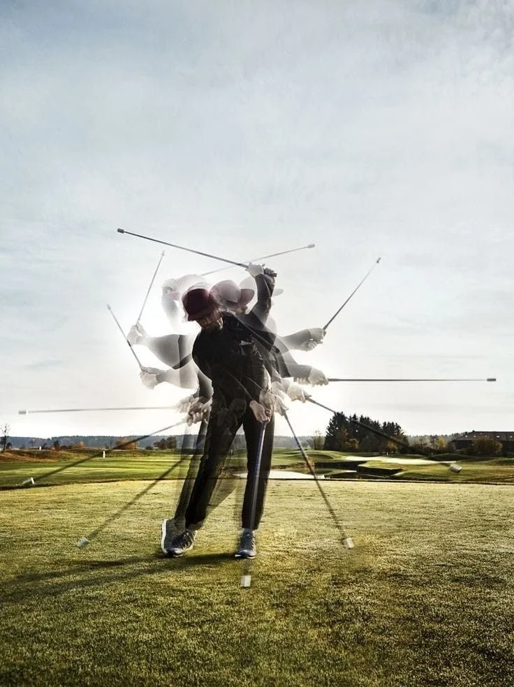A person in black clothing holding golf clubs, shown multiple times in a motion blur effect, standing on a golf course under a cloudy sky.
