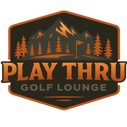 Logo for Play Thru Golf Lounge featuring mountains, trees, and a golf flag.