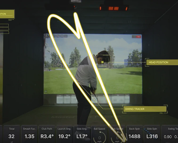Person practicing golf indoors with a swing analysis system, showing their swing path and head position, with golf simulation graphics on the screen.