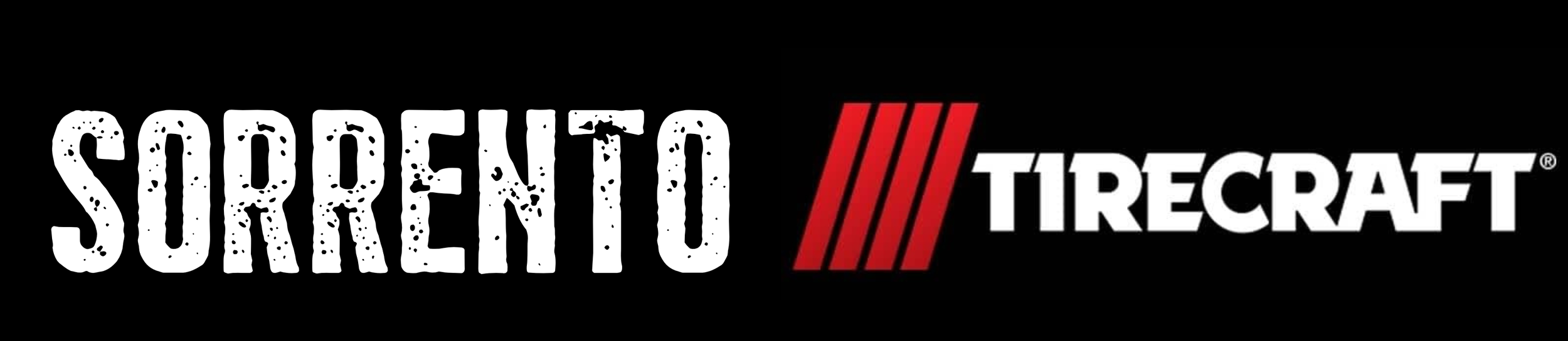 Logo featuring the text 'SURRENTO' in distressed white font and 'TIRECRAFT' in bold white font with three red stripes in between, all on a black background.