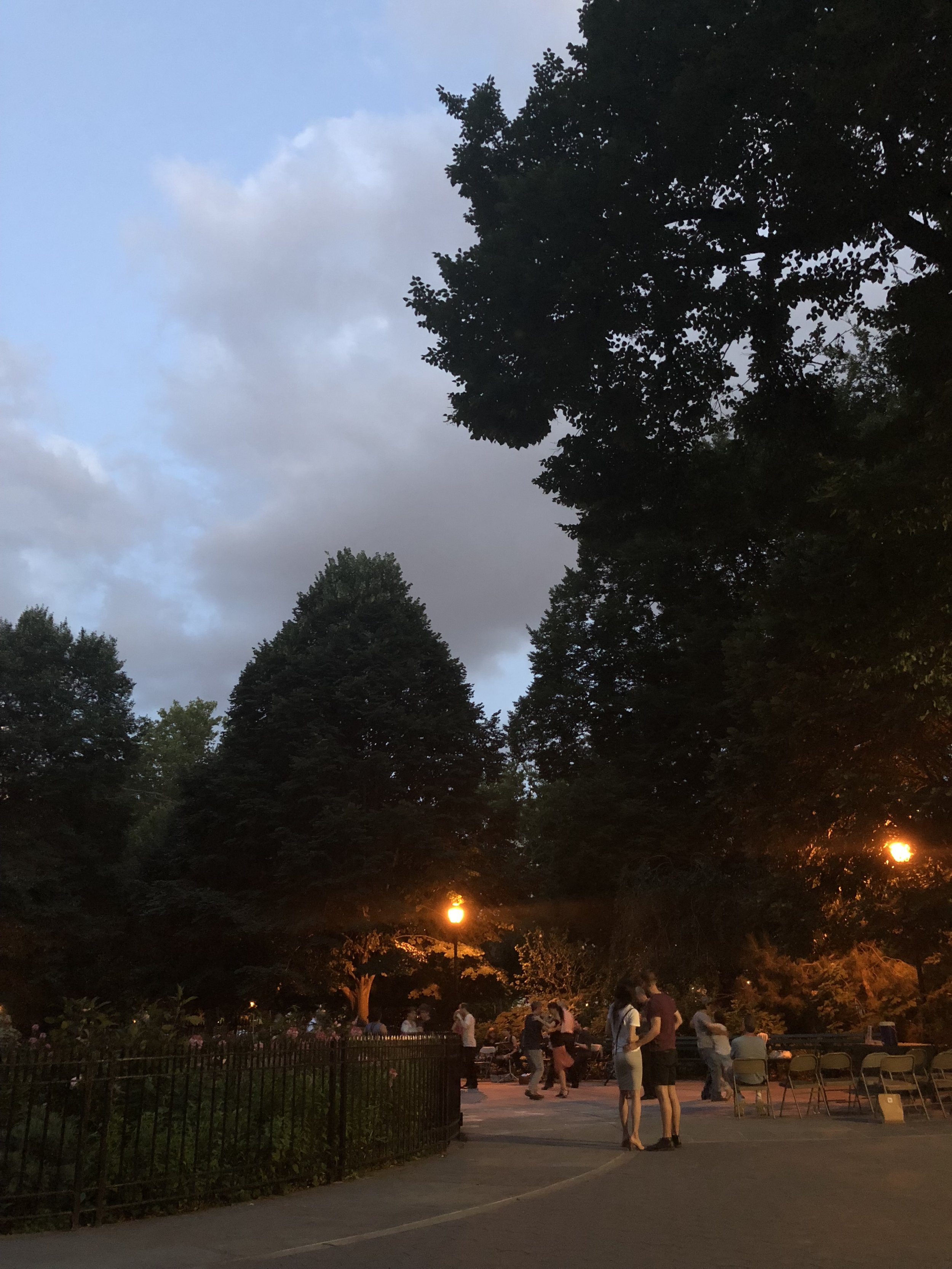People dancing and socializing in a park at dusk, with tall trees, street lamps, and a cloudy sky.